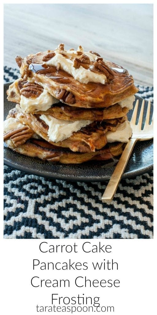 Pinterest image for Carrot Cake Pancakes with Cream Cheese Frosting with text