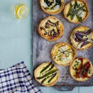 Spring Vegetable Tarts on metal tray