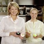 Martha Stewart and Tara Bench holding cupcakes in a kitchen