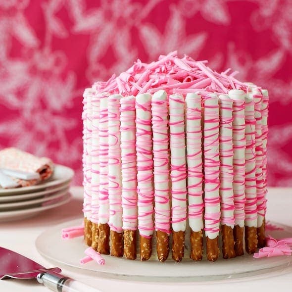 Pink Pretzel Party cake with pink background