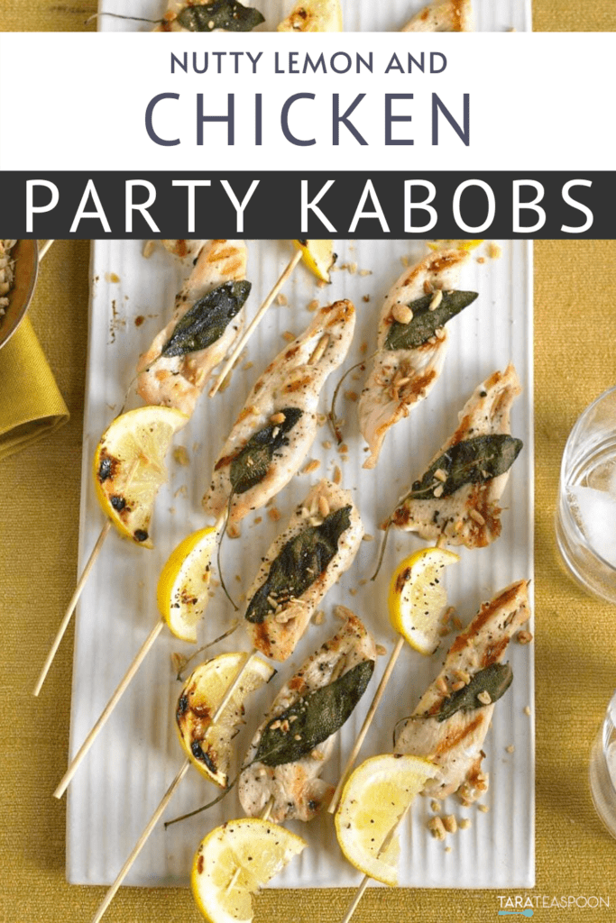 nutty lemon and chicken kabobs on platter