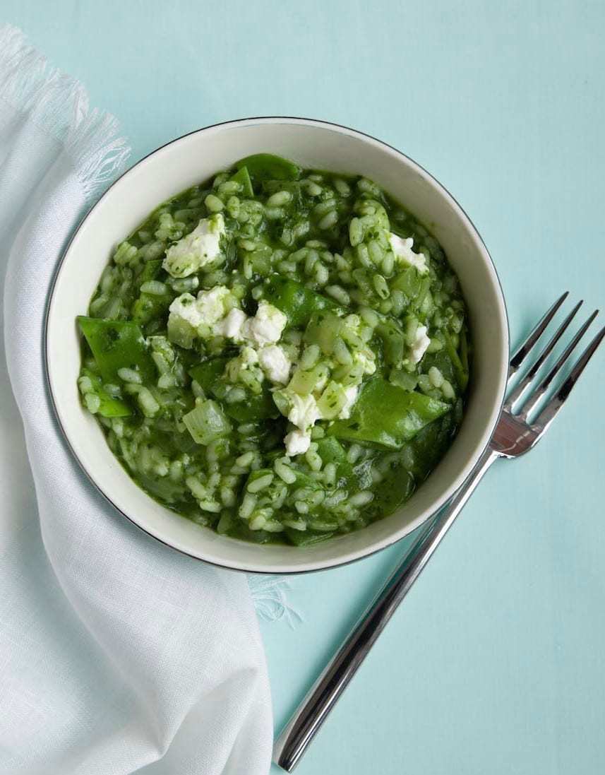 Spring Green Risotto in white bowl
