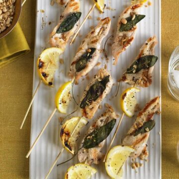 Nutty Chicken Kabobs on party platter