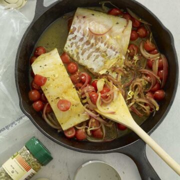 Coconut Curry Fish in cast iron skillet