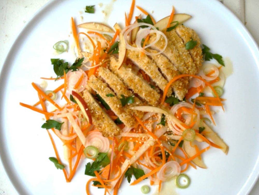 Sesame Chicken with Apple Carrot Slaw in a Plate