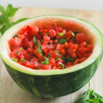 watermelon salsa in a half watermelon hallowed out