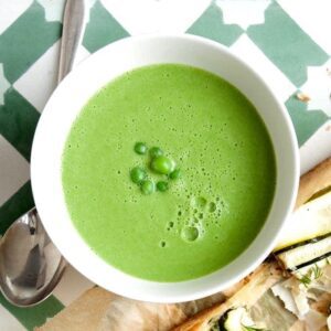 Bowl of Easy Pea Soup on tiles
