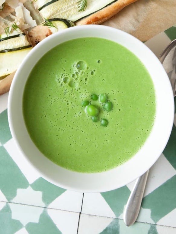 Bowl of Easy Pea Soup on tiles