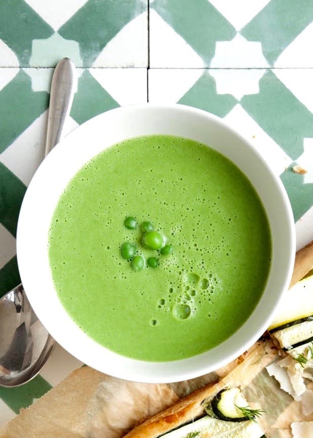 Bowl of Easy Pea Soup on tiles