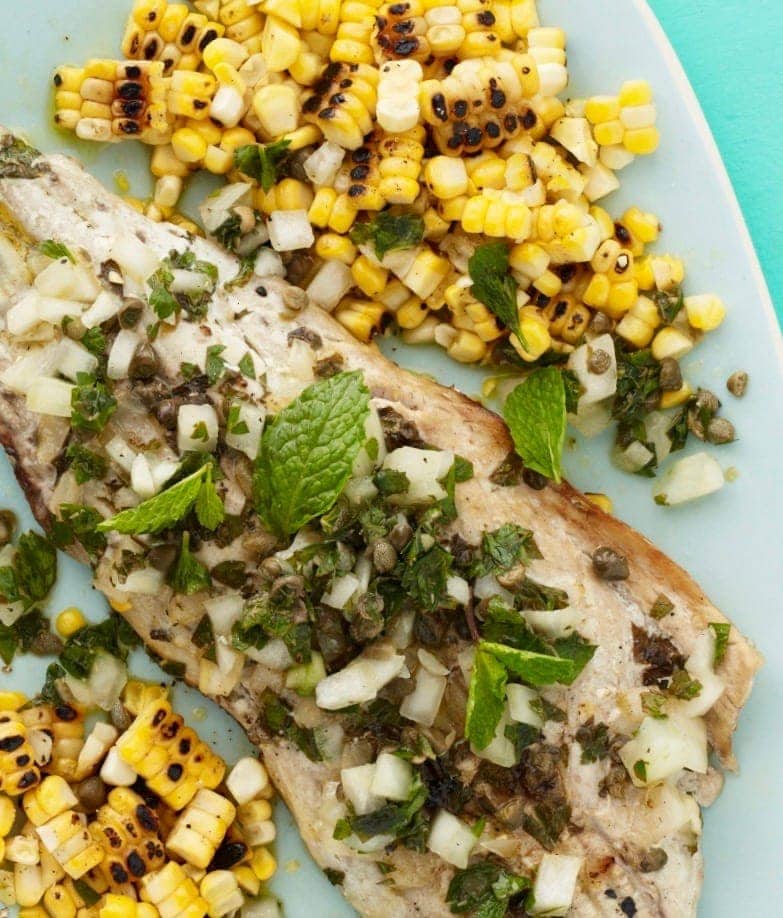 Grilled Fish With Caper Herb Salsa and Corn
