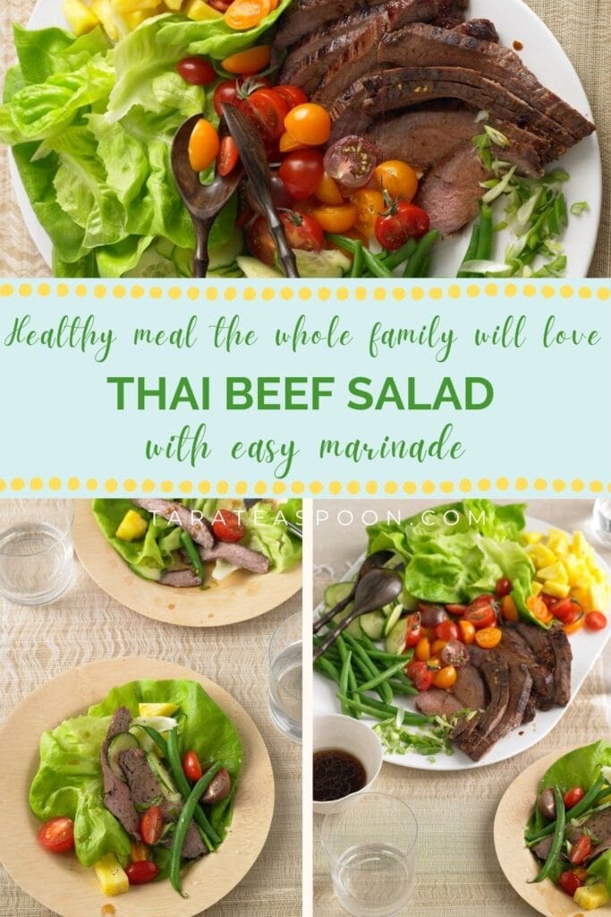 Pinterest graphic for Thai Beef Salad with Easy Marinade recipe on Tara Teaspoon.