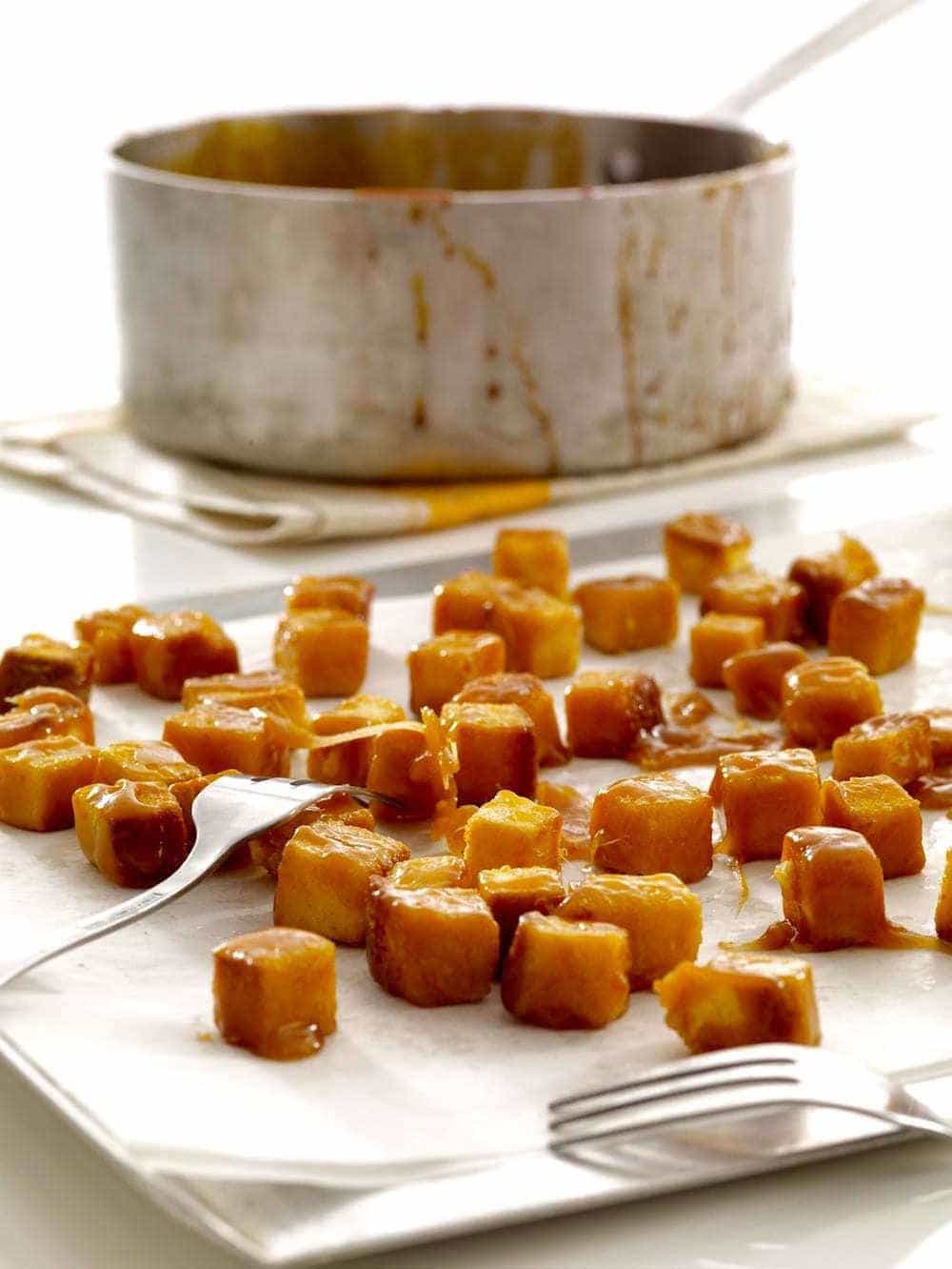 pound cake caramel croutons w pan in background