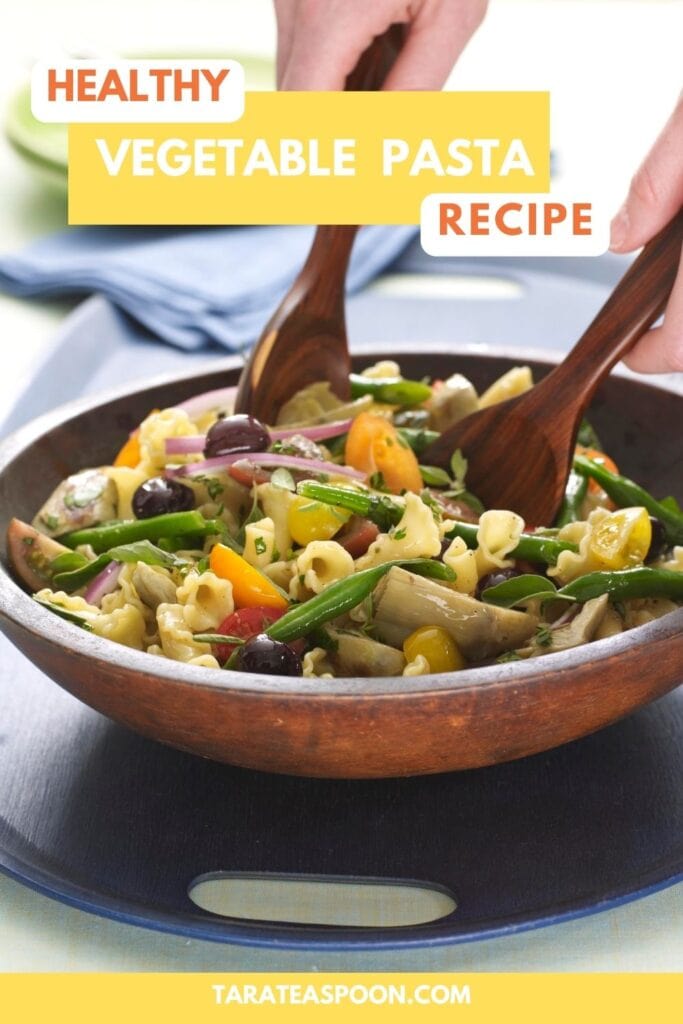 Pinterest graphic for Herbed Vegetable Pasta with Artichokes recipe on Tara Teaspoon.