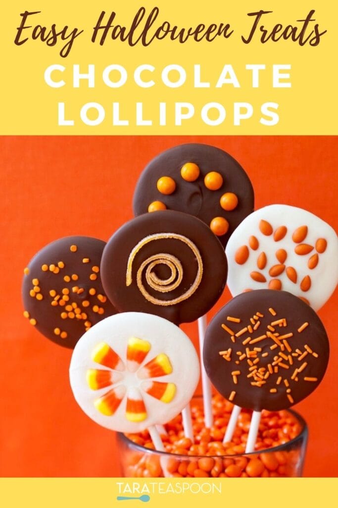 Pinterest graphic for Easy Halloween Chocolate Lollipops recipe on Tara Teaspoon.