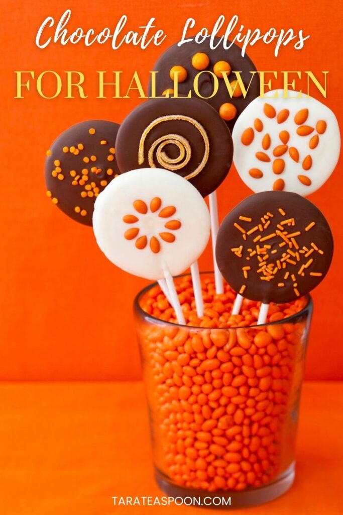Pinterest graphic for Easy Halloween Chocolate Lollipops recipe on Tara Teaspoon.