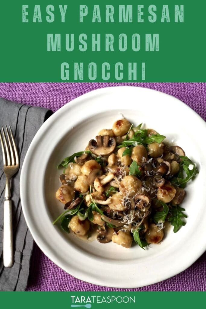 Pinterest graphic for Easy Parmesan Mushroom recipe on Tara Teaspoon