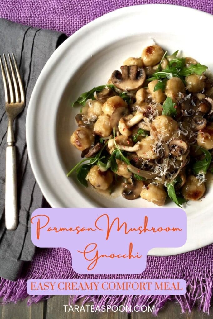 Pinterest graphic for Easy Parmesan Mushroom recipe on Tara Teaspoon