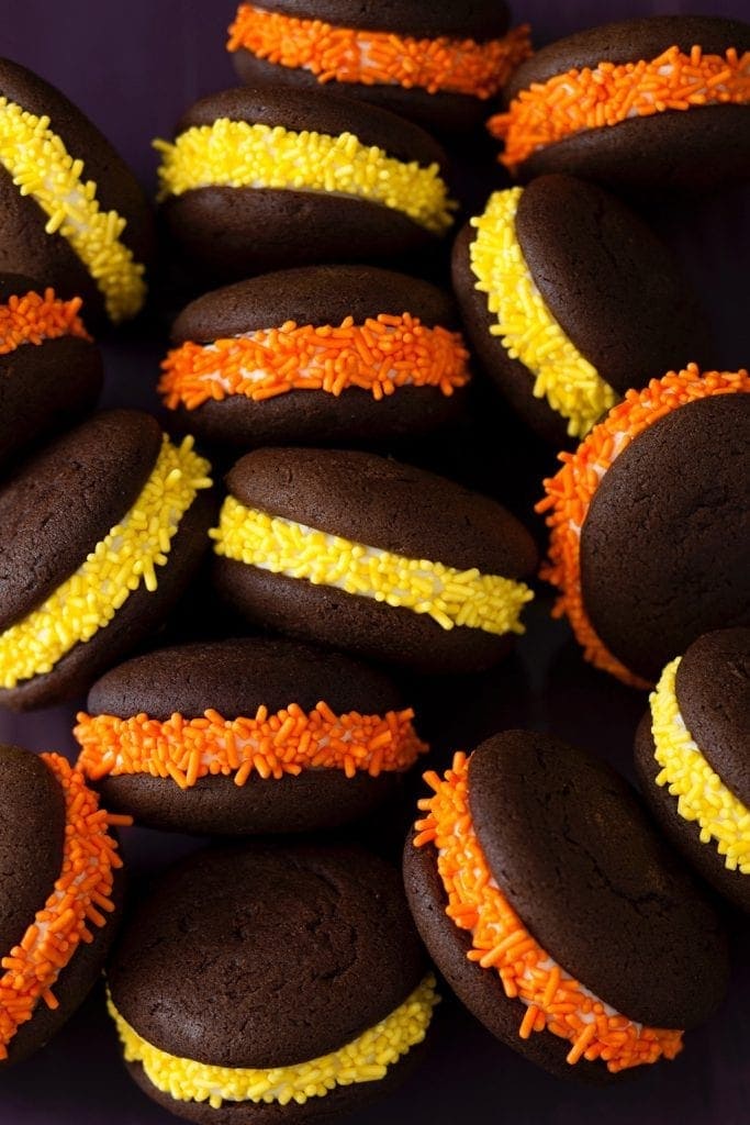 Halloween Whoopie Pies with orange yellow candy sprinkles