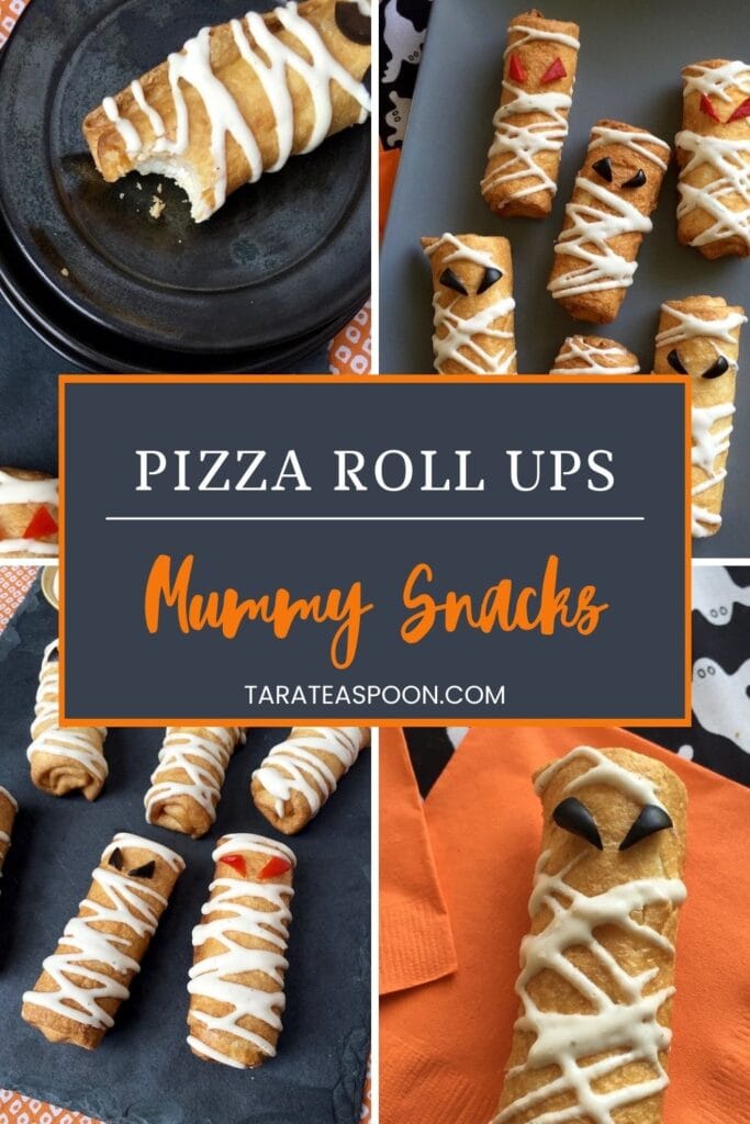 Pinterest graphic for Pizza Roll Ups Mummy Snacks recipe on Tara Teaspoon.