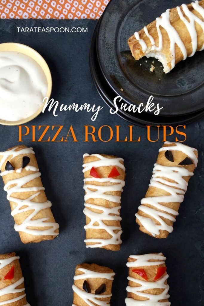 Pinterest graphic for Pizza Roll Ups Mummy Snacks recipe on Tara Teaspoon.