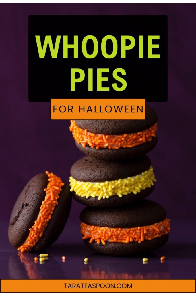 Pinterest graphic of Whoopie Pies for Halloween recipe on Tara Teaspoon.