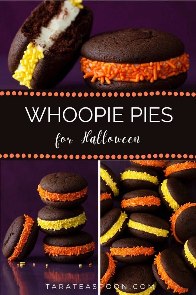 Pinterest graphic of Whoopie Pies for Halloween recipe on Tara Teaspoon.