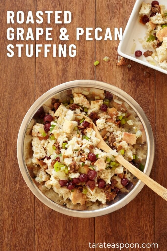 Pinterest graphic for Roasted Grape and Pecan Stuffing recipe on Tara Teaspoon.
