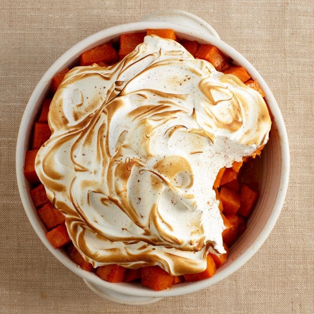 Baked sweet potato cubes with cinnamon meringue recipe image