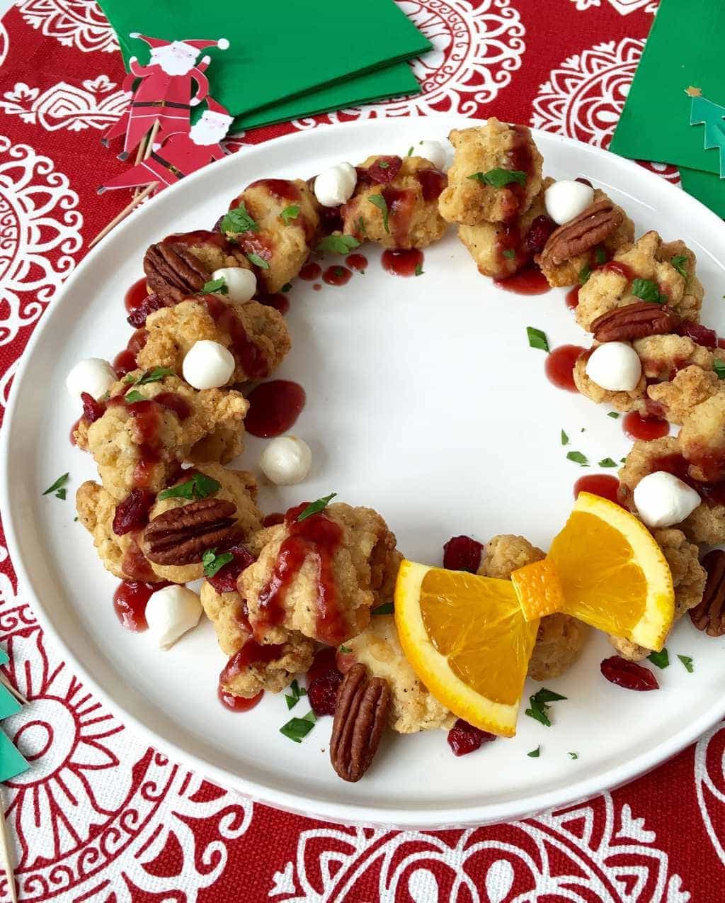 Chicken Bites Wreath on white plate and red and white background