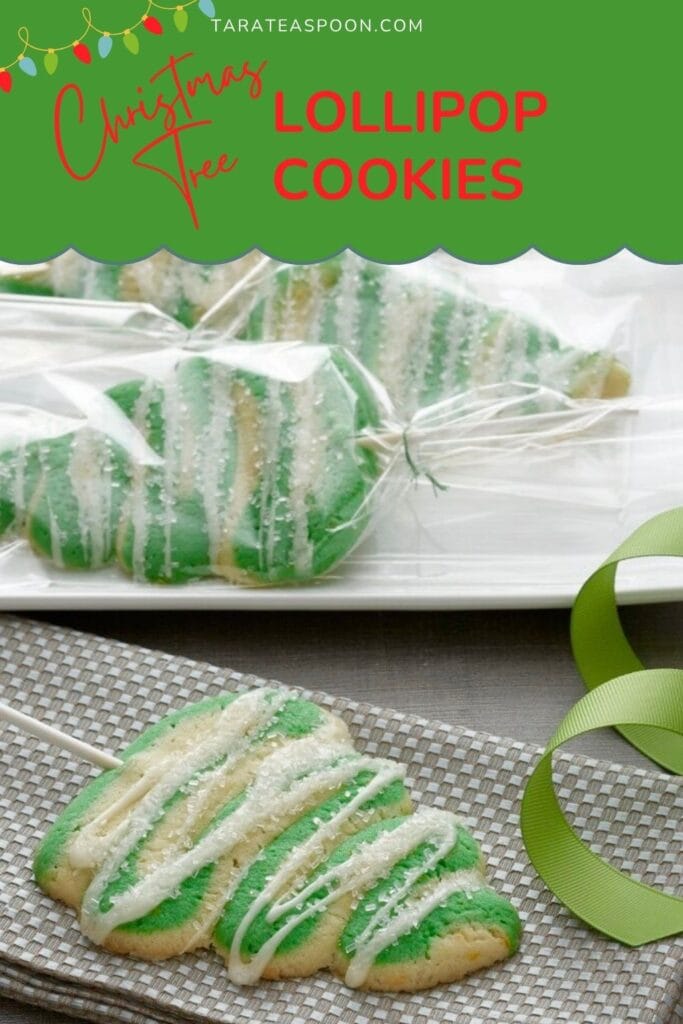 Pinterest graphic for Christmas Tree Lollipop Cookies recipe on Tara Teaspoon.