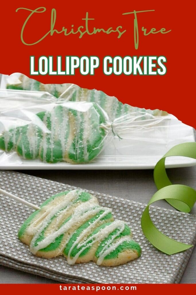 Pinterest graphic for Christmas Tree Lollipop Cookies recipe on Tara Teaspoon.