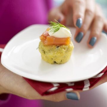 Caper Herb Corn Muffins with Smoked Salmon on white plate