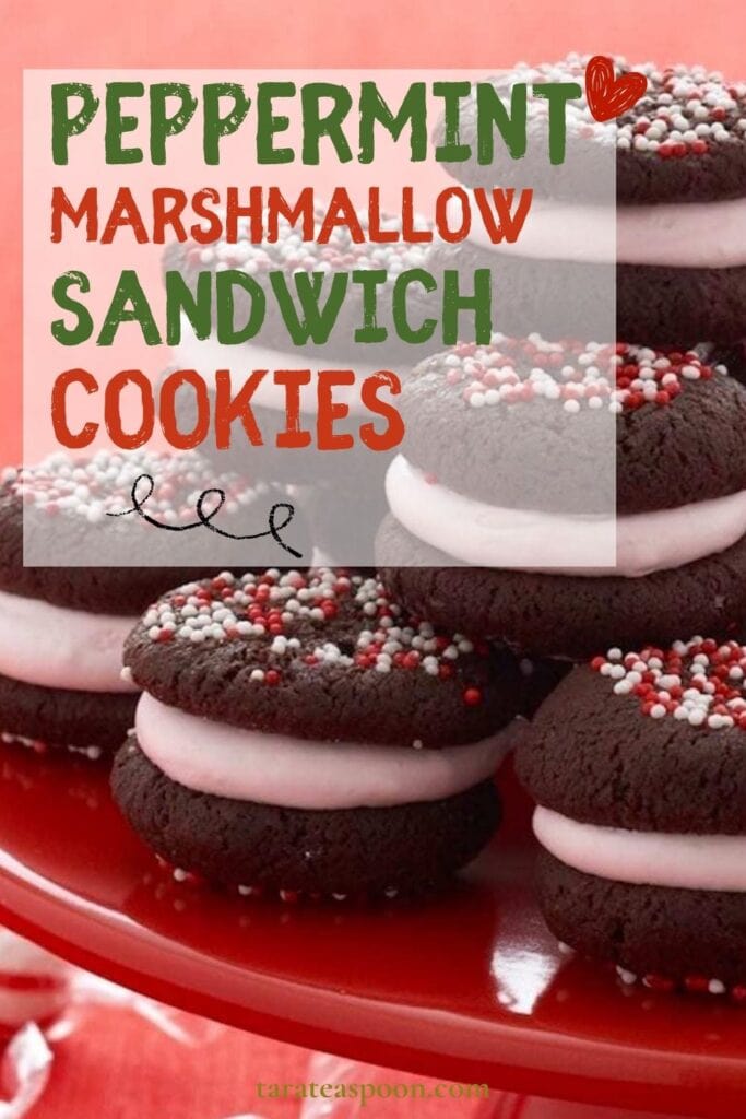 Pinterest graphic for Peppermint Marshmallow Sandwich Cookies recipe on Tara Teaspoon.