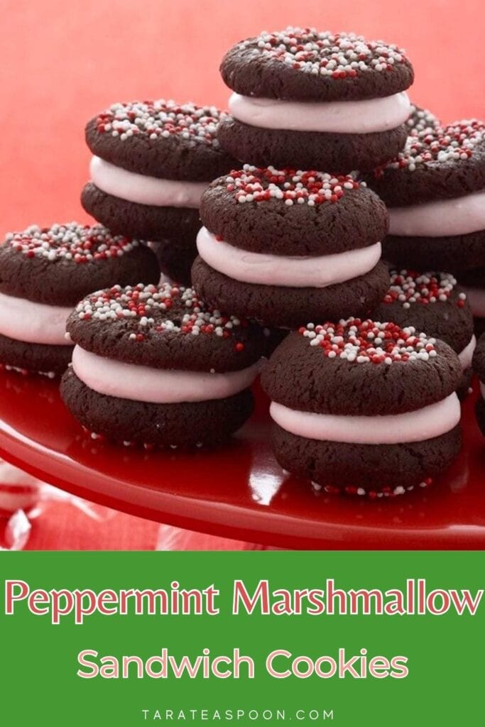 Pinterest graphic for Peppermint Marshmallow Sandwich Cookies recipe on Tara Teaspoon.