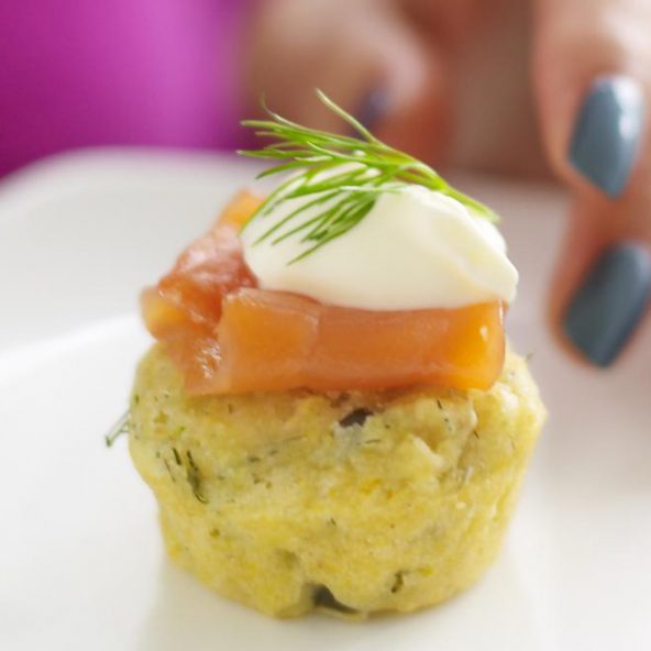 Caper Herb Corn Muffins with Smoked Salmon and creme fraiche