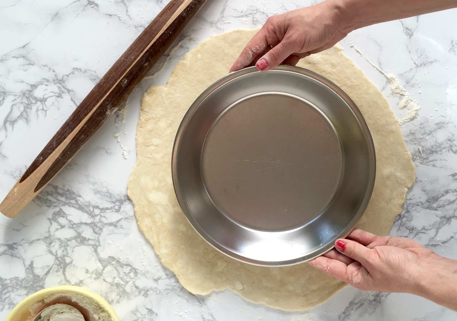 Rolling the perfect pie crust Measuring pan to dough