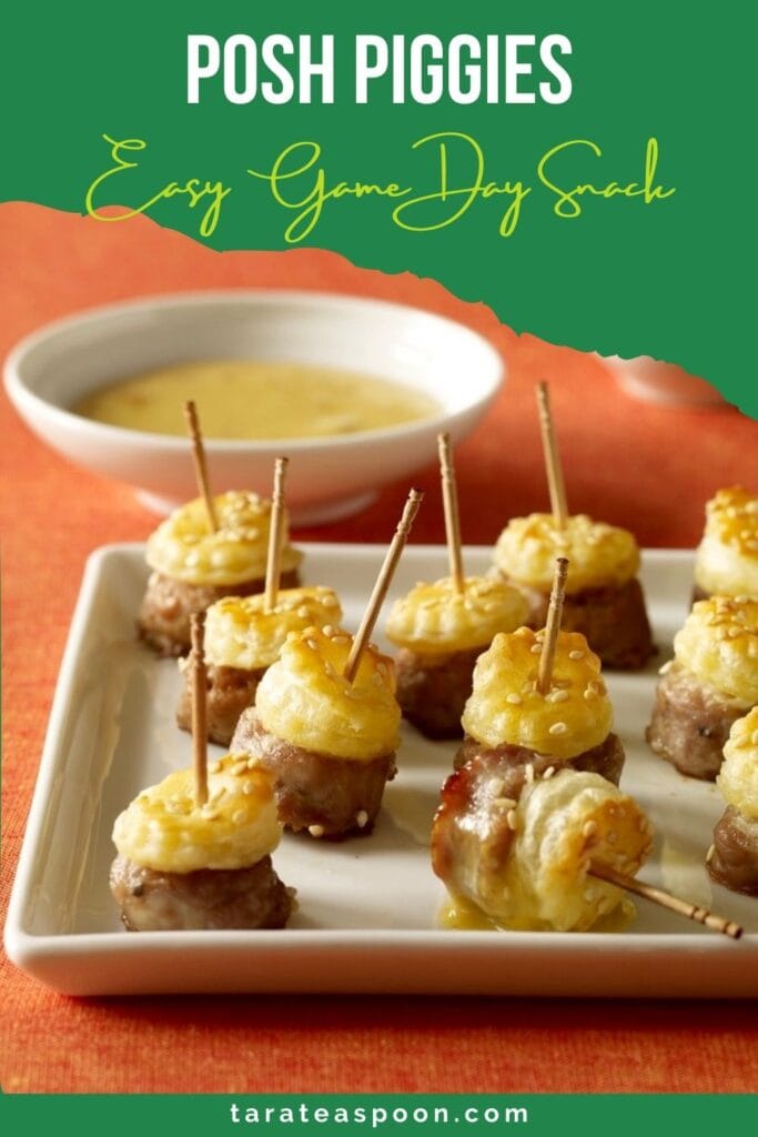 Pinterest graphic for Posh Piggies Game Day Snack recipe on Tara Teaspoon.