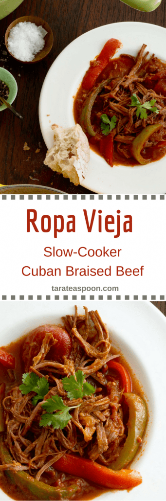 Pinterest image for Ropa Vieja Slow cooker Cuban braised beef stew