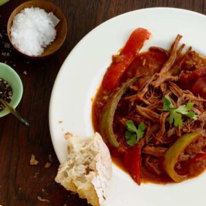 Ropa Vieja Cuban Beef Stew in white bowl