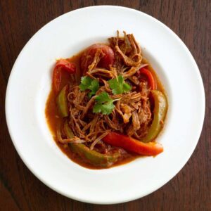 Ropa Vieja Cuban Beef Stew in white bowl