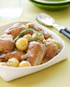 Slow cooker honey rosemary chicken gets cooked with buttery Yukon Gold potatoes.