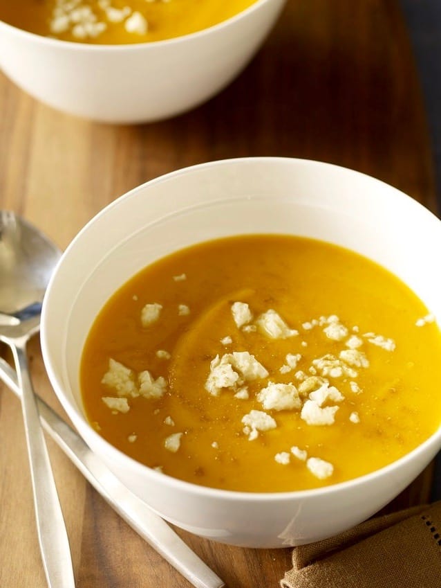 Chipotle Sweet Potato Soup with Queso Blanco closely cropped in one white bowl