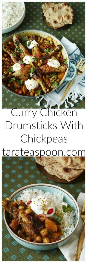 Pinterest image for Curry Chicken Drumsticks With Chickpeas with text