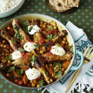 Chicken Curry Drumsticks with Chickpeas in round braiser