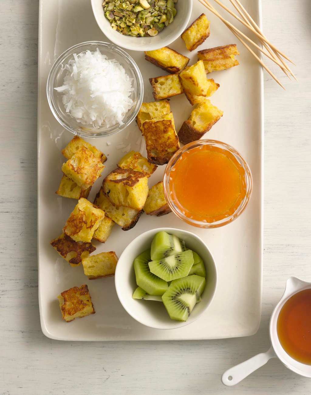 Oven baked French toast fondue on rectangular platter