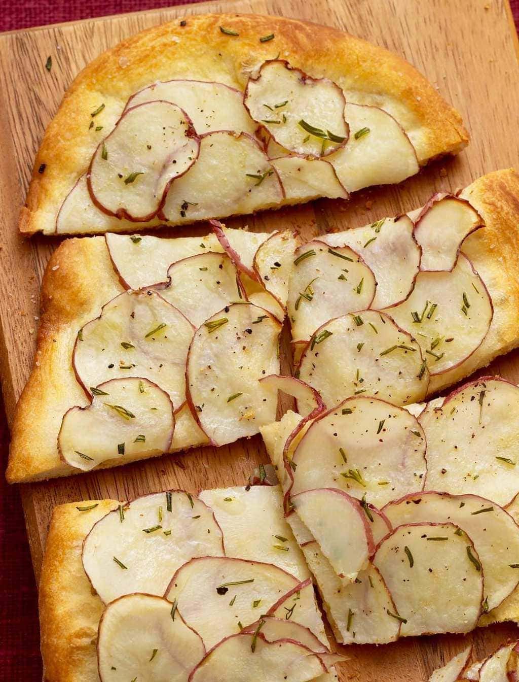 Potato Herb Flatbread on wooden board