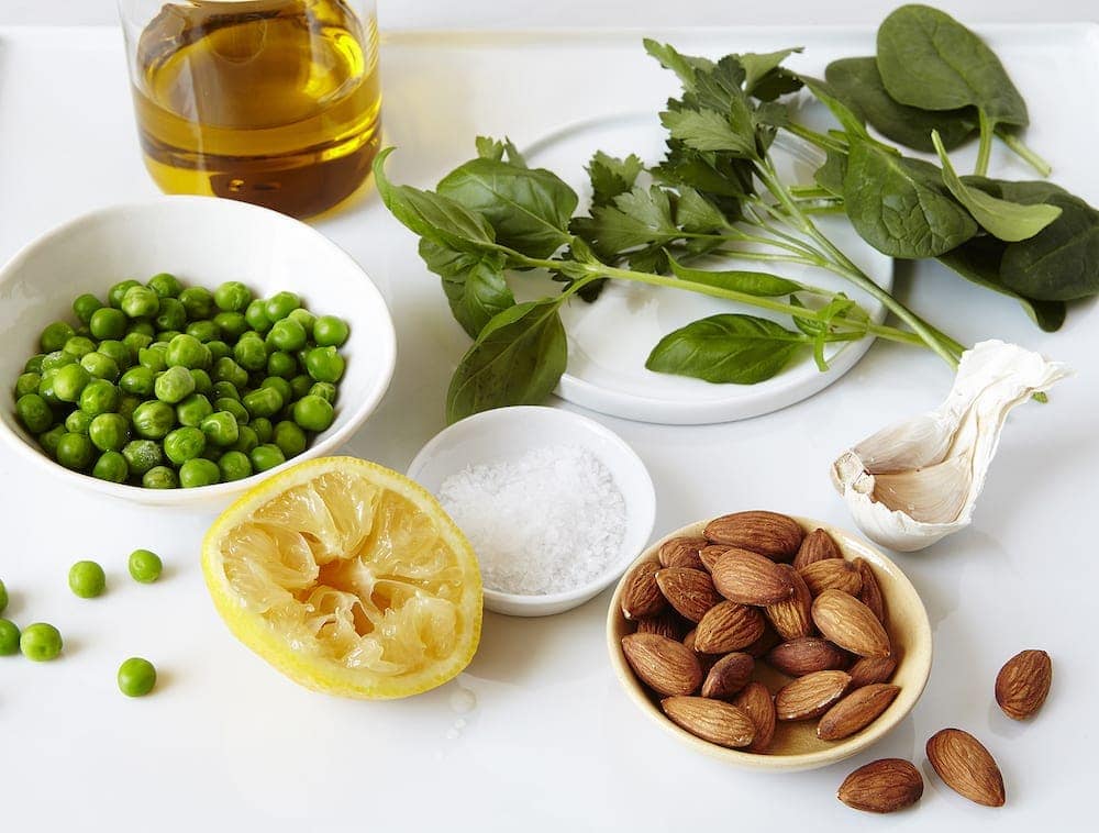 Fresh green pesto pasta is made with simple ingredients.