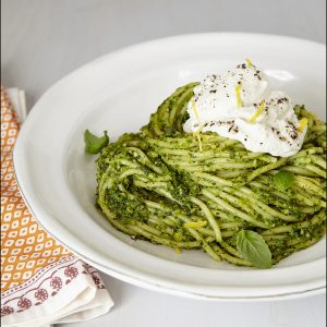 Winter pesto spaghetti with lemon ricotta