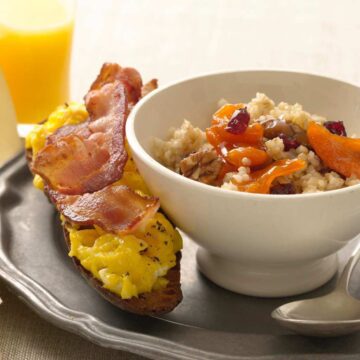 Close up of Cracked Wheat Cereal with Bacon and Egg Toasts