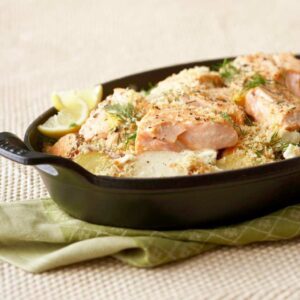 Potato Salmon Bake in cast iron pan